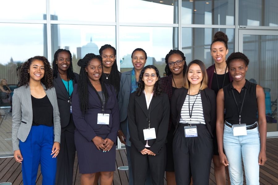 Students from the Meyerhoff Scholars Program at the University of Maryland, Baltimore County (UMBC), pictured at the event with Denise Minor (back row, center), senior partner at MindSpring Metro DC and Randi Williams (far right), a UMBC alumna who is now a graduate student at the Media Lab.