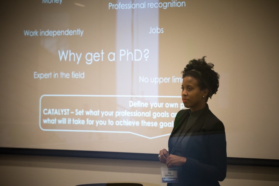 Joy Johnson PhD '15, engineering program manager at Apple, led the breakout session, called "Grad Catalyst: Prepare, Apply, and Succeed in Grad School."