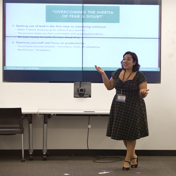 MIT alumna Noramay Cadena, founder of Latinas in STEM and cofounder and managing director of Make in LA, led the breakout session, "Overcoming the Inertia of Fear and Doubt."
