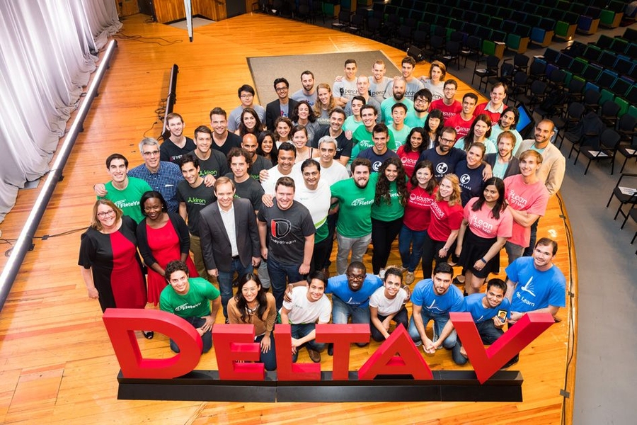 The entrepreneurs who pitched startup ideas at MIT delta V Demo Day on Sept. 9 pose with event organizers.