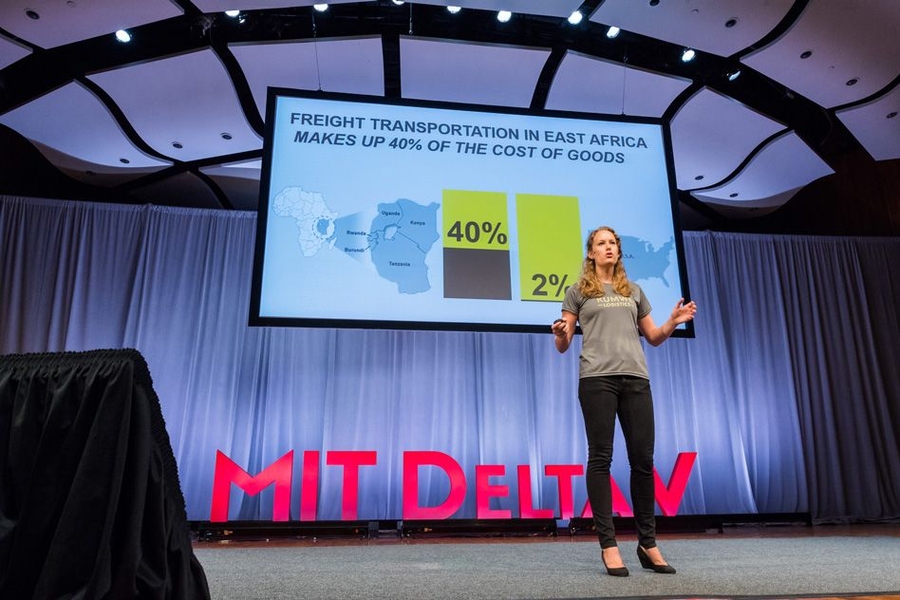 Macauley Kenney pitches her startup Kumwe Logistics, which gives African truck owners smartphones and an online platform to offer their services to shippers online.