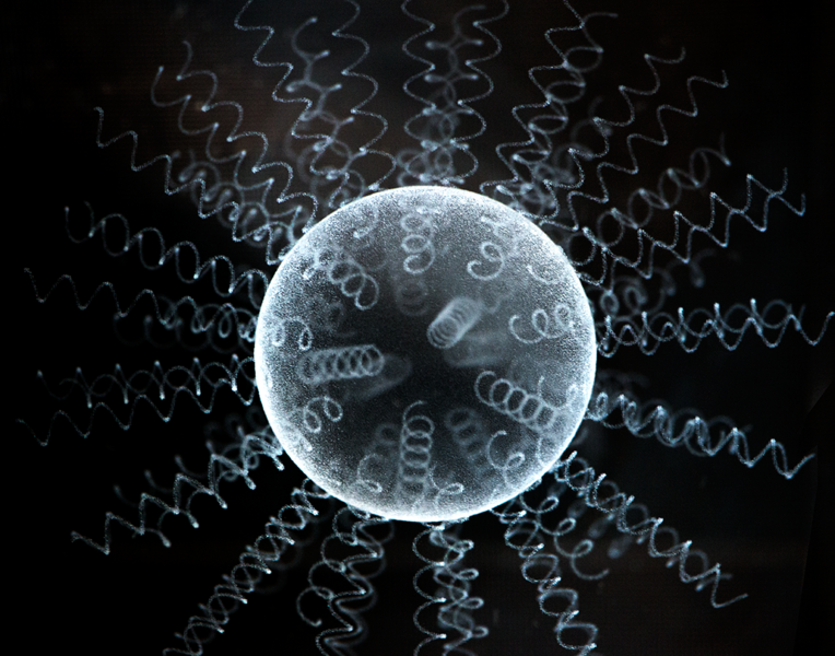 Model of a nanoparticle with attached oligonucleotides (DNA-like strands) that have “sticky ends,” enabling control over nanoscale self-assembly into desired crystal structures. MIT’s AMAX Career Development Assistant Professor in Materials Science and Engineering Robert Macfarlane pioneered this work as a graduate student under Professor Chad Mirkin at Northwestern University.
