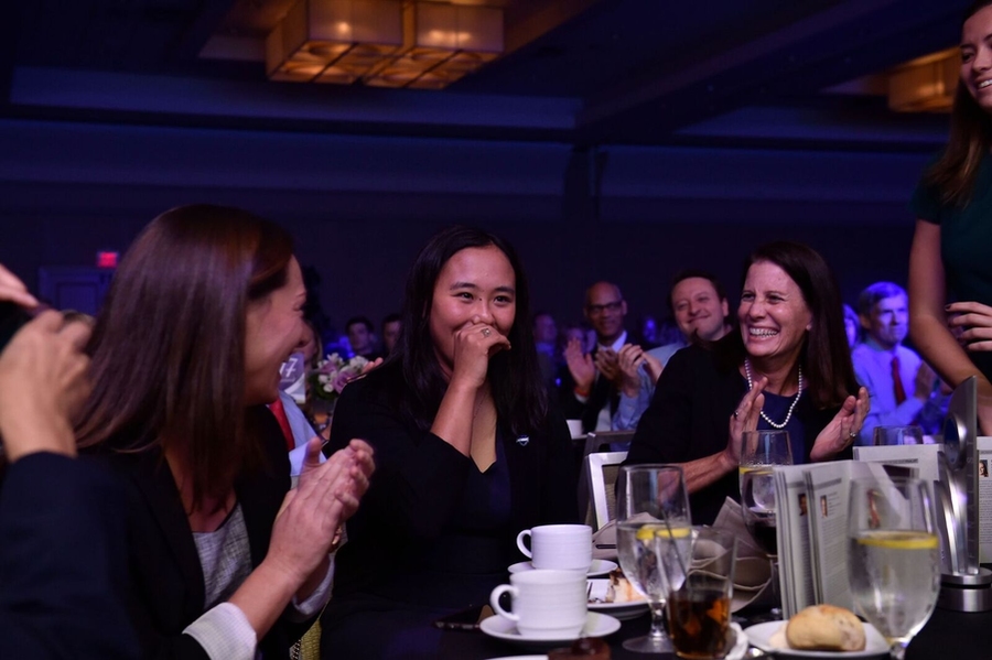 Margaret Guo '16 reacts to being announced as the NCAA Woman of the Year. Guo is only the fourth Division III student-athlete to win this award, one of the NCAA's highest honors.