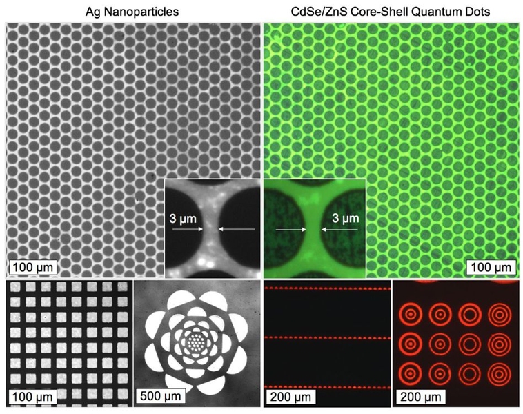 These optical and fluorescence images show micrometer scale patterns of flexographic printed silver nanoparticles and CdSe/ZnS core-shell type quantum dots.