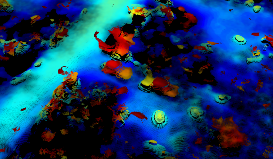 This ladar point cloud is from the same area as in the previous image. The ladar data have been processed by subtracting ground elevation and filtering out foliage by height above ground, making objects under the foliage canopy discernible. In the center, two trucks are visible; in the lower right corner the shape of a tarp canopy can be seen; and to left of the tarp are two circular shapes that r...