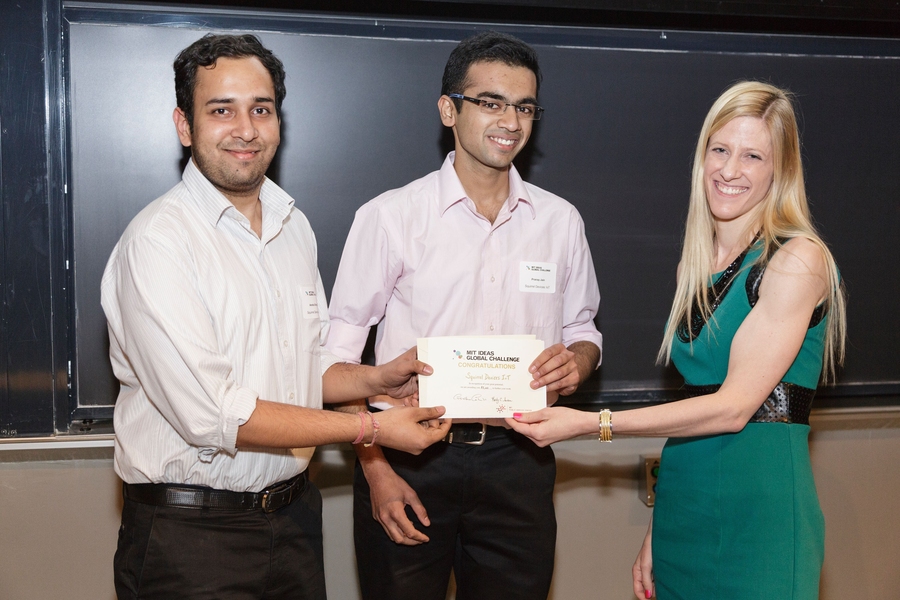 Left to right: Anshul Singhal and Pranay Jain, MIT graduate students in mechanical engineering; and Danielle Zurovcik, a previous IDEAS Global Challenge winner for her WiCare project.