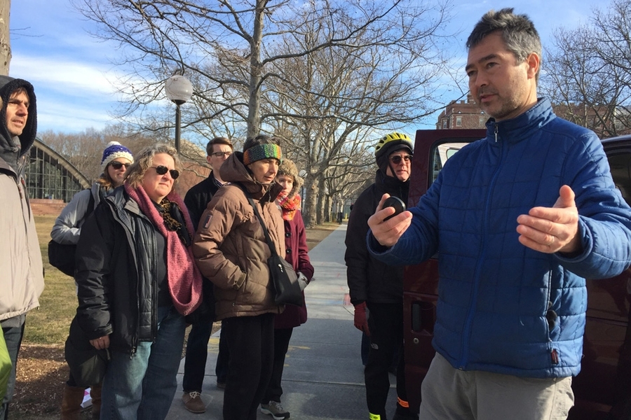 A group of MIT students and community members join Boston University professor Nathan Phillips, right, on a gas leak safari.
