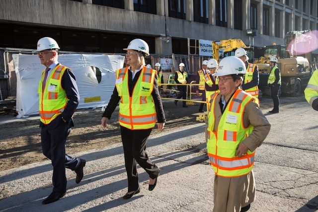 MIT President L. Rafael Reif and wife Christine joined members of the MIT Corporation on a two-hour tour of the new MIT.nano building.