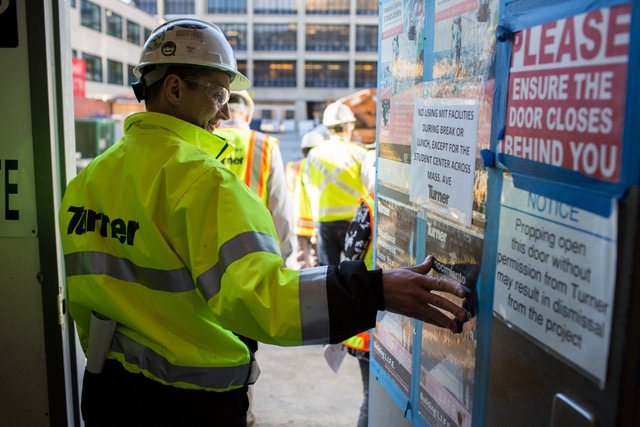 Workers from Turner Construction Company helped to usher guests through the MIT.nano construction site safely.