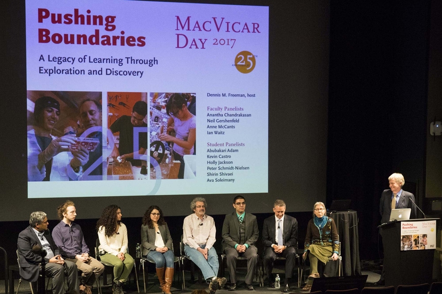 Panelists at MacVicar Day 2017: (l-r) Anantha Chandrakasan, Peter Schmidt-Nielsen, Ava Soleimany, Shirin Shivaei, Neil Gershenfeld, Kevin Castro, Ian Waitz, Anne McCants, and Dennis Freeman.