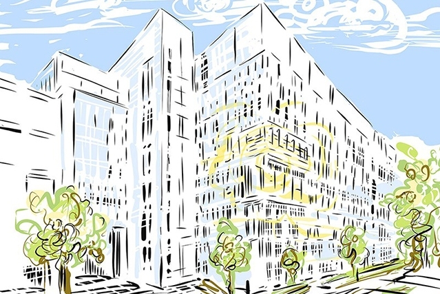 Artist rendering depicts MIT.nano, the 214,000 square-foot nanoscience and nanotechnology research facility taking shape in the heart of MIT campus.