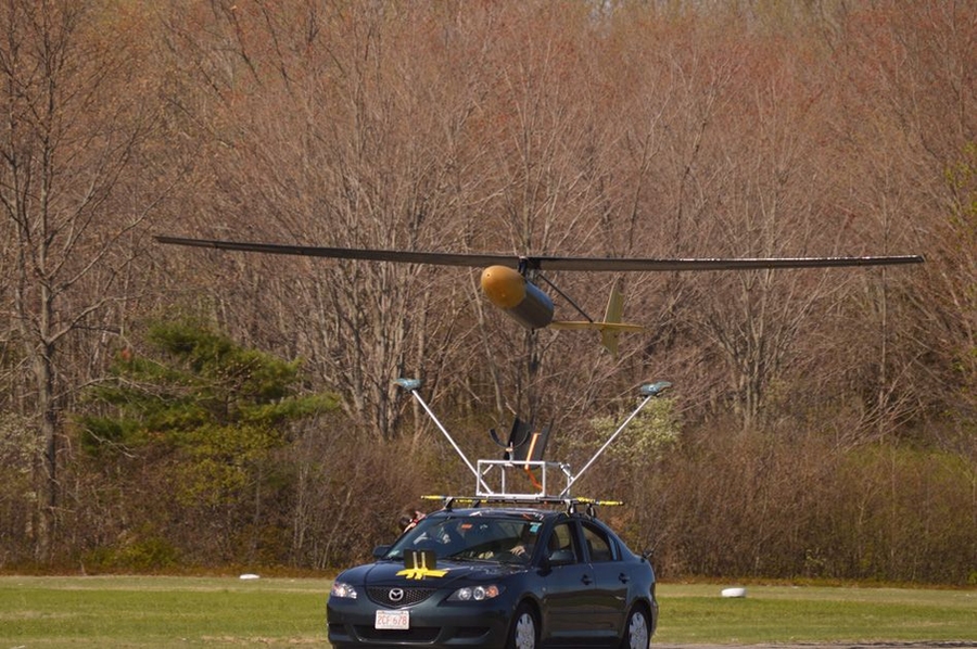 JHO first flight, May 4, 2017 at Plum Island (Mass.) Airport. The aircraft is launched from a moving vehicle.