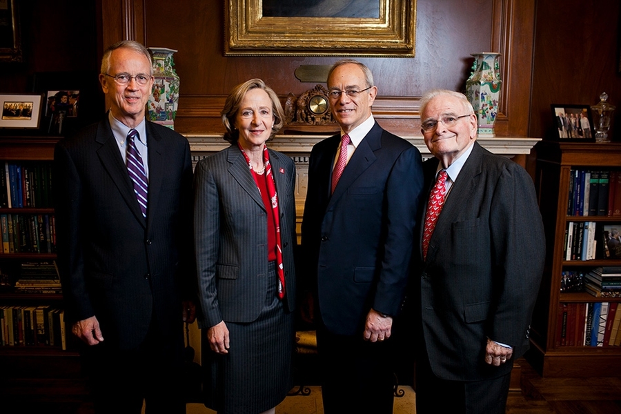 MIT’s four most recent presidents are pictured here. From left to right: Charles Vest, Susan Hockfield, L. Rafael Reif, and Paul Gray.