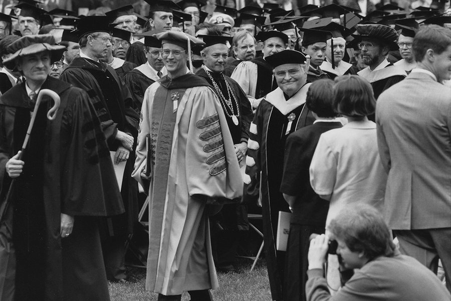 Paul Gray, who became chair of the MIT Corporation after stepping down as president, walked with MIT’s new president, Charles Vest, in the procession at the Institute’s presidential inauguration on May 10, 1991.