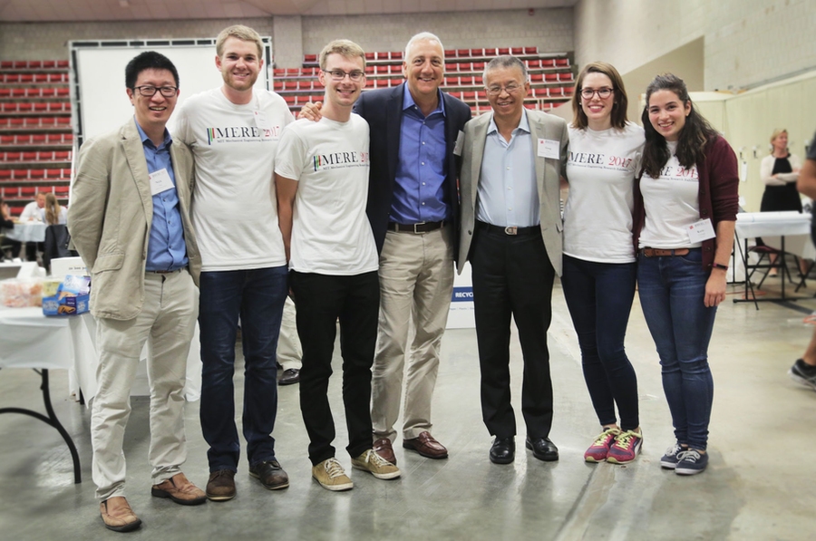 MERE committee members (l-r) Professor Nick Fang, Andrew Bouma, Cameron McBride, keynote speaker Mike Massimino SM '88, PhD '92, department head Professor Gang Chen, Emily Hanhauser, and Kathleen Cavanagh.