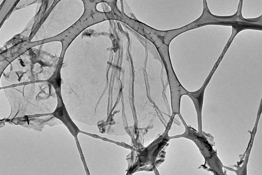 A transmission electron micrograph shows the microscale morphology of graphene oxide, examined for the design of new filtration membranes.