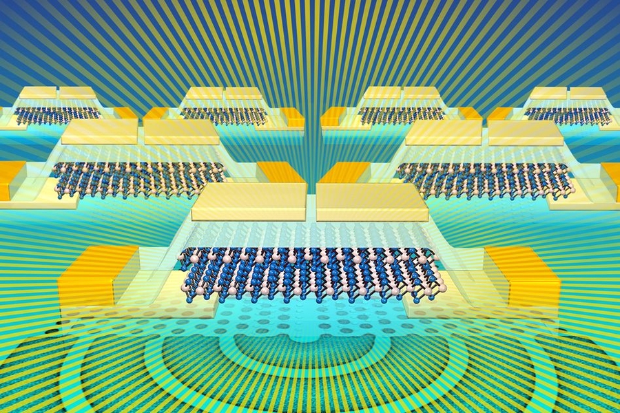 Researchers have designed a light-emitter and detector that can be integrated into silicon CMOS chips. This illustration shows a molybdenum ditelluride light source for silicon photonics.