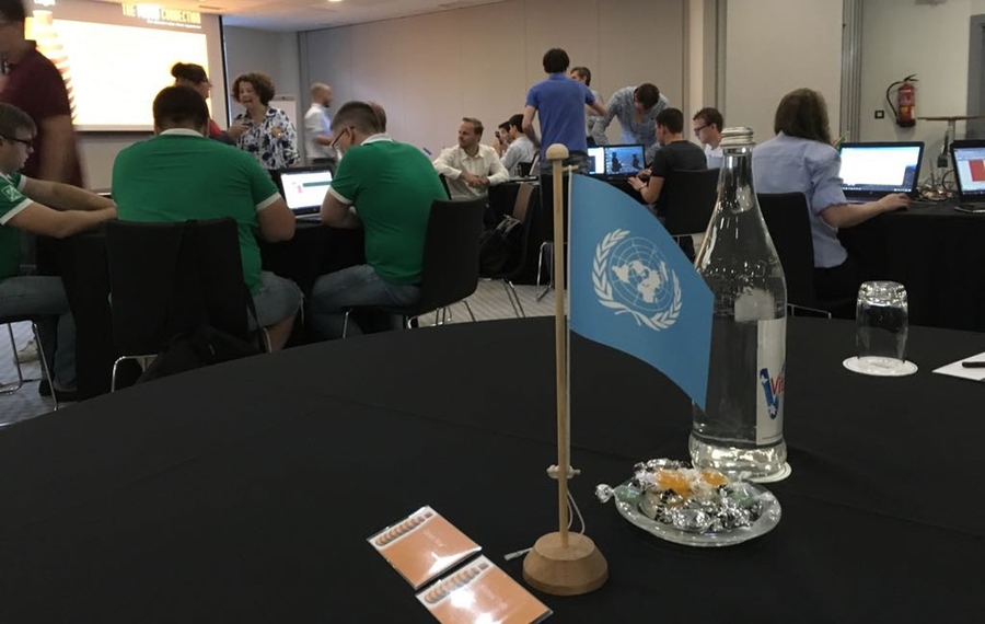 The MITx "United Nations" team table at The French Connection competition global finals in Lisbon.
