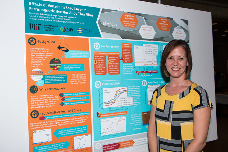 2017 MPC-CMSE Summer Scholar Stephanie Bauman presents her poster on her internship in the lab of assistant professor of electrical engineering Luqiao Liu.