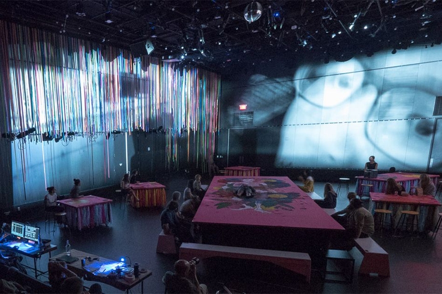 One of several video interludes in “Everybody." The student ensemble combined live acting with prerecorded video for the show.