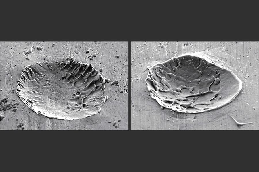 Micrographs of a metal surface after impact by metal particles. Craters are formed due to melting of the surface from the impact.