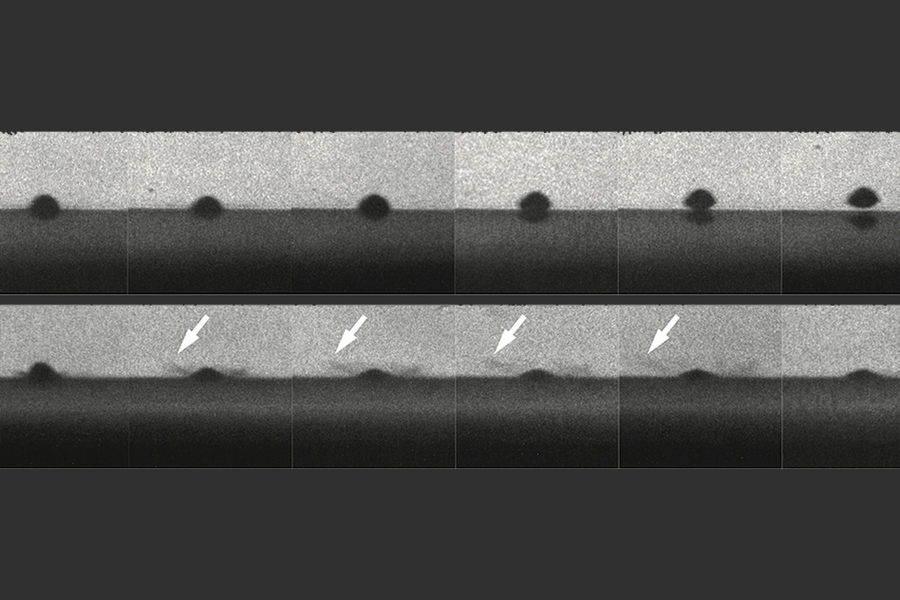 The top row of photos shows a particle that melts the surface on impact and bounces away without sticking. The bottom row shows a similar particle that does not melt and does stick to the surface. Arrows show impact sprays that look like liquid, but are actually solid particles.