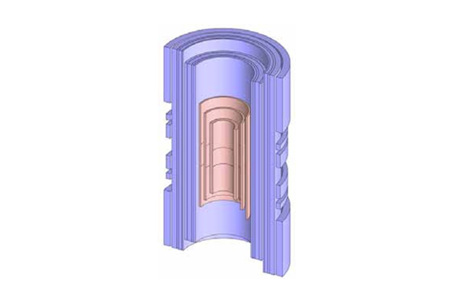 In the completed 1.3 GHz magnet, the three HTS coils (pink) that make up the H800 magnet are nested within the LTS coils composing the L500 (blue).