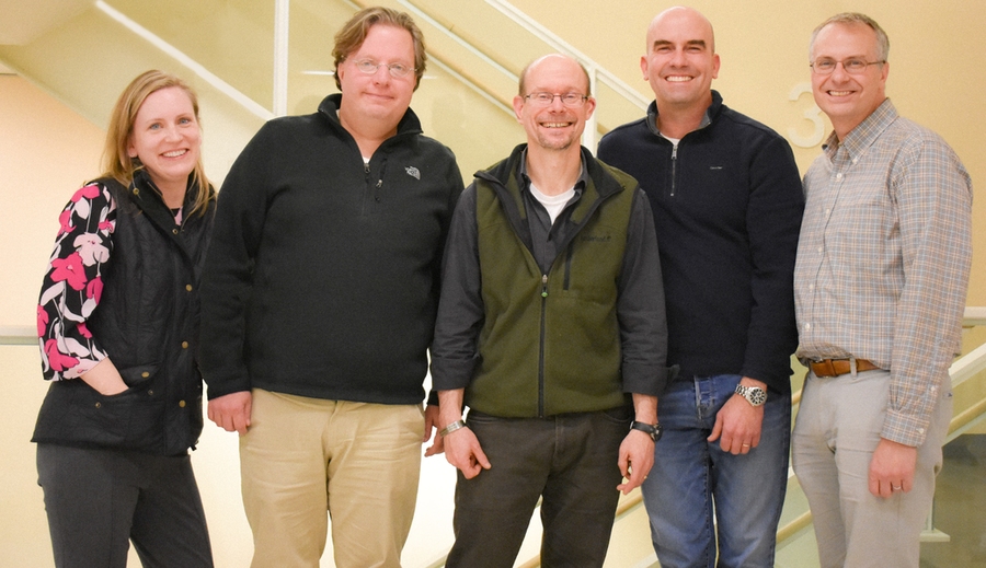 Five cancer researchers make up the MIT Center for Precision Cancer Medicine’s founding faculty. Left to right: Angela Koehler, Michael Hemann, Michael Yaffe (director), Forest White, and Matthew Vander Heiden.