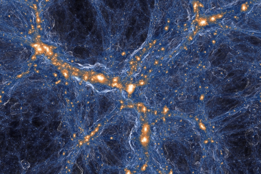 Visualization of the intensity of shock waves in the cosmic gas (blue) around collapsed dark matter structures (orange/white). Similar to a sonic boom, the gas in these shock waves is accelerated with a jolt when impacting on the cosmic filaments and galaxies.