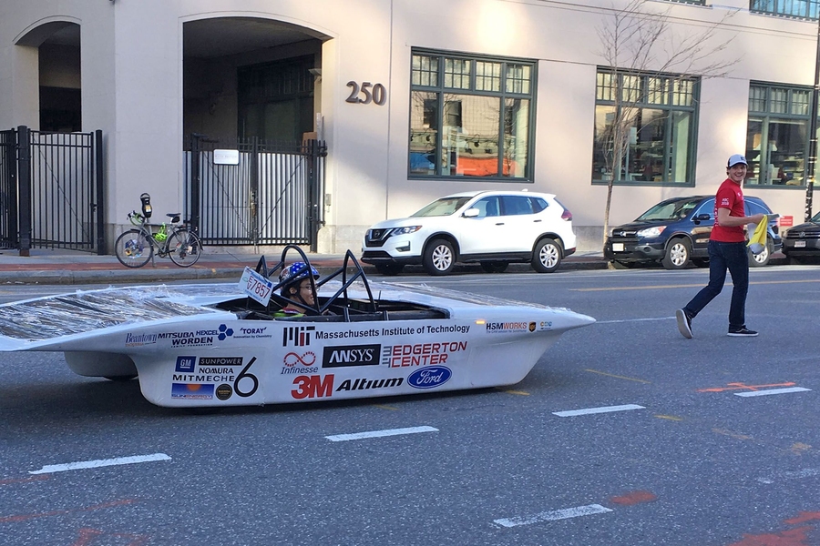 Flux, with sophomore Francis Wang at the wheel, cruises down Massachusetts Avenue on the way to its unveiling event.