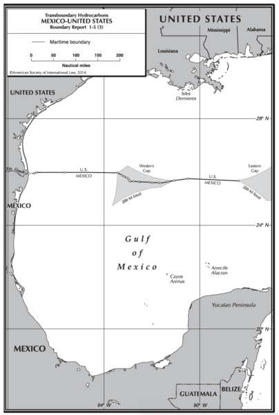 The solid line across the Gulf of Mexico on this map indicates the international maritime boundary between the United States and Mexico, including two submerged areas of continental shelf that extend beyond the 200 nautical-mile exclusive economic zones of Mexico and the United States, known as the Western Gap and Eastern Gap.