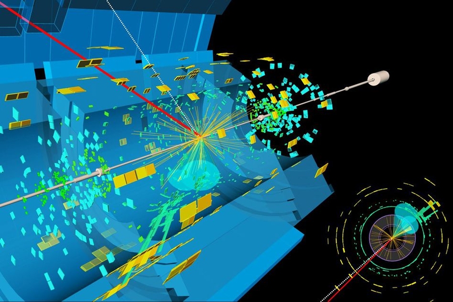 A candidate event display for the production of a Higgs boson decaying to two b-quarks (blue cones), in association with a W boson decaying to a muon (red) and a neutrino. The neutrino leaves the detector unseen, and is reconstructed through the missing transverse energy (dashed line).