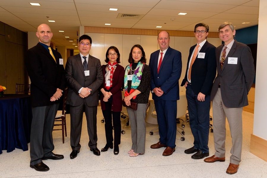 From left to right: Brian Anthony, principal research scientist at SENSE.nano, director of the Master of Engineering in Manufacturing Program, and co-director of the Medical Electronic Device Realization Center; Ricky Lai, Linda Tang, and Maggie Zhu, representing the Tang family; Martin A. Schmidt, MIT provost; Edward Cunningham PhD ’09; and Jesús de Álamo, director of the Microsystems Technol...
