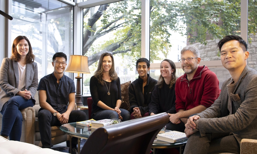 "The Laughing Room" team included (left to right) Stephanie Frampton, MIT associate professor of literature; Christopher Sun, project collaborator; Sarah Newman, creative researcher at the metaLAB; Nikhil Dharmaraj, research assistant; Hannah Davis, project collaborator; Matthew Battles, associate director at the metaLAB; and Jonny Sun, MIT graduate student and artist.