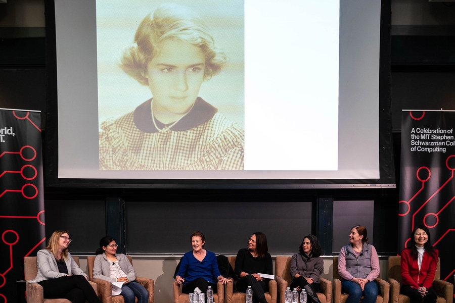 L to R: Stefanie Mueller, Vivienne Sze, Barbara Liskov, Pattie Maes, and Laura Schulz, all of MIT; Jaime Teevan of Microsoft; and Jeannette Wing of Columbia University. Behind them is a photo of Liskov, an Institute Professor and A.M. Turing Award winner, as a teenager.