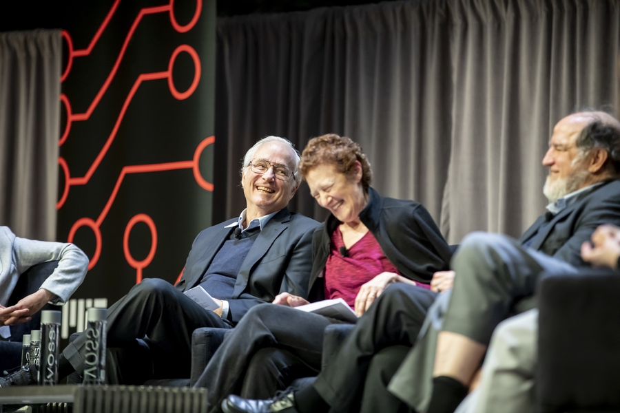 Panelists sharing a laugh: (l-r) Butler Lampson, Barbara Liskov, and Ronald Rivest.