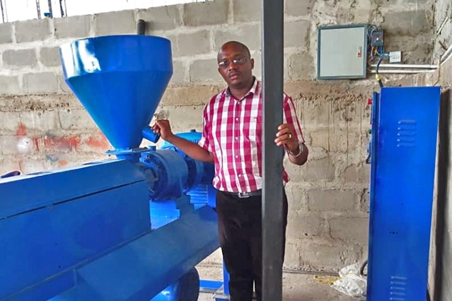 Christian Mwijage, a 2019 D-Lab Scale-Ups Fellow, is a founder of EcoAct Tanzania, a for‐profit social enterprise which has developed a chemical-free and energy-conserving technology that transforms post-consumer waste plastics into durable plastic timbers for use in construction.