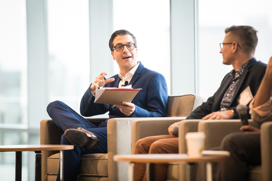 Moderator Alex Albanese leads a panel discussion at the first MIT PDA Homecoming.