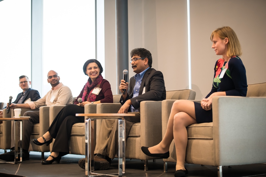 Panelists (l-r) Brent Grocholski, Sisir Karumanchi, Lamia Youseff, Rajesh Jugulum, Virginia Burger talk about their postdoc experiences.