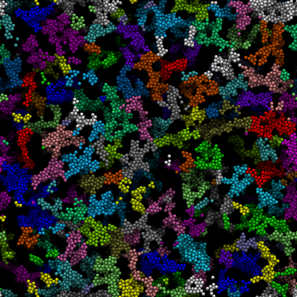 Simulation of the same colloidal gel. The distinct elastically active clusters found via graph decomposition are colored differently to aid visualization.