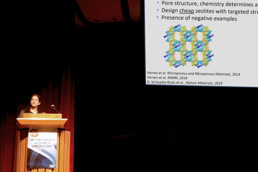 Elsa Olivetti, the Atlantic Richfield Associate Professor of Energy Studies, addresses the Materials Day Symposium. Olivetti uses natural language processing to mine millions of materials science journal articles to uncover recipes for making different inorganic materials.