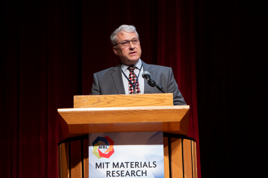 Materials Research Laboratory Associate Director Mark Beals introduces keynote speaker Brian Storey at the Materials Day Symposium.
