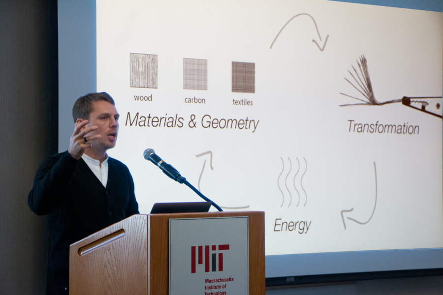 MIT associate professor of design research in the Department of Architecture Skylar Tibbits explains how he combines materials and geometry to create active materials that transform when activated by mechanical stress, water absorption, light exposure, or another mechanism. Tibbits spoke at the MIT Industrial Liaison Program’s Research and Development Conference on Nov. 13.