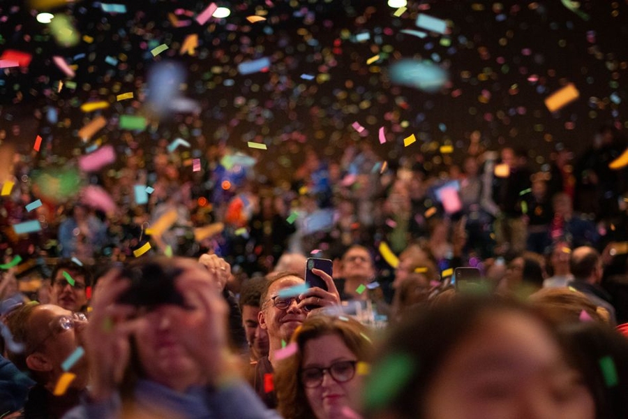 A shower of confetti marks a well-deserved end to 2.009 students’ product design semester.