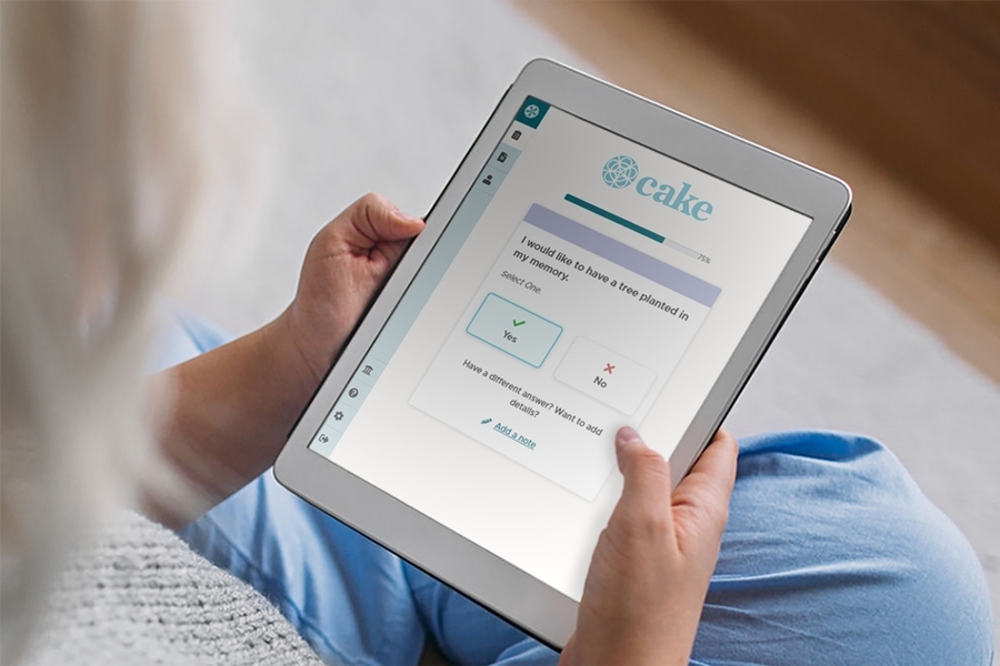 Cake's end of life planning service breaks down what can be an overwhelming process into a series of simple questions to help people make decisions around health care treatments, funeral arrangements, estate planning, and how they want to be remembered after they’re gone.