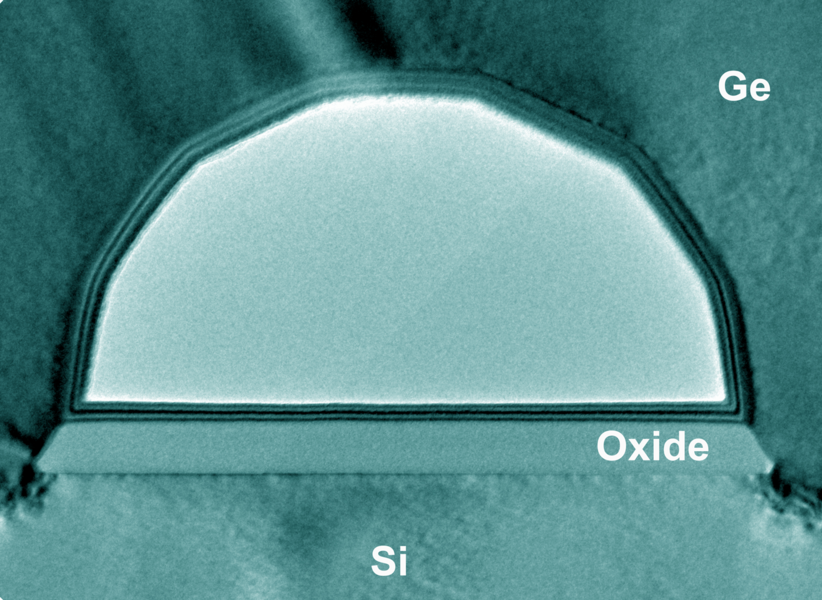 A silicon oxide strip on a silicon (Si) base drives germanium (Ge) to form an archway-shaped tunnel centered directly over the oxide strip, MIT researchers have discovered. Transmission electron microscope image is taken in line with the silicon oxide strip along its length, like looking straight down the barrel of a rifle.