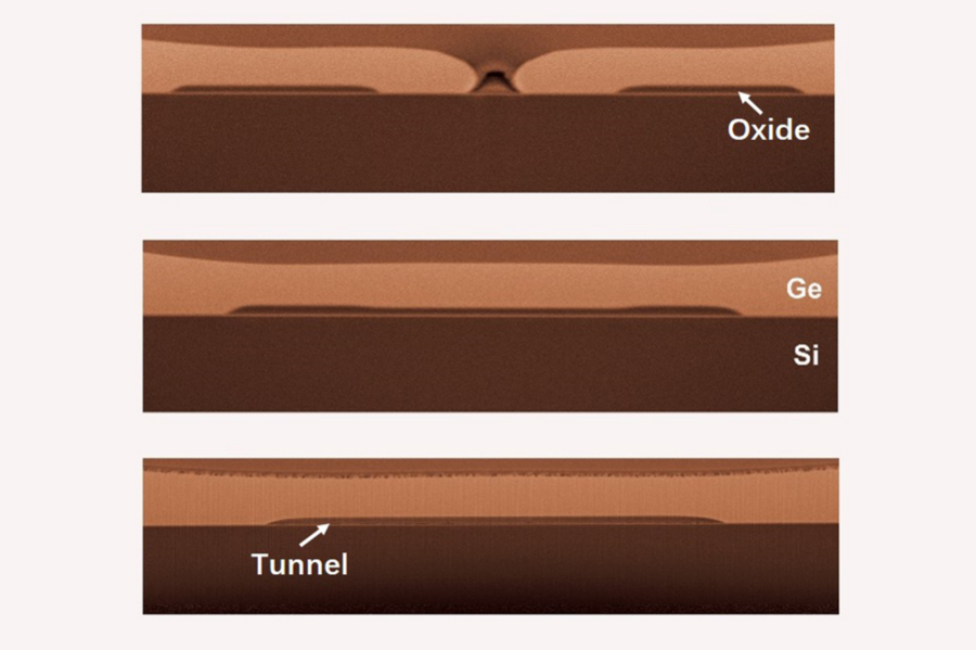 MIT researchers have discovered a method to predict and control the length of tunnels in solid germanium (Ge) by laterally growing it over silicon oxide strips on top of silicon (Si). Solid germanium deposits, which smoothly cover silicon oxide, form large voids or tunnels at the interfaces of germanium and silicon oxide strips. The voids and tunnels reconstruct into a single tunnel as the growth ...