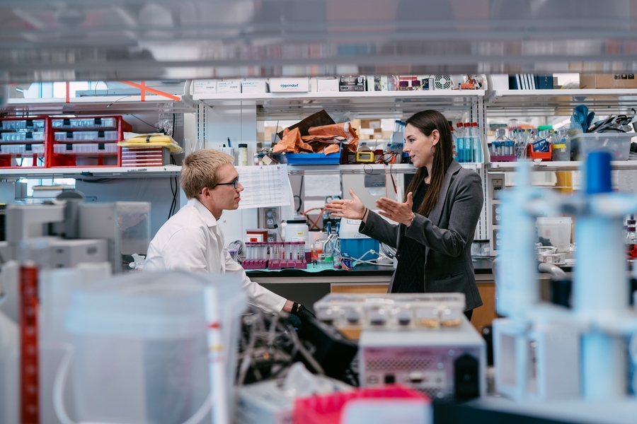 Assistant Professor Julia Ortony (right) and graduate student William Lindemann discuss his experiments on self-assembling nanofibers. Work at the Ortony lab focuses on molecular design and synthesis to create new soft nanomaterials for tackling problems related to energy and the environment.