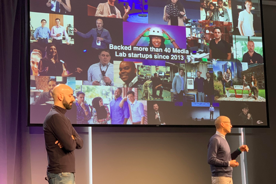 Habib Haddad (left) and Calvin Chin, managing partners of the E14 Fund, introduce the inaugural Media Lab Venture Summit.