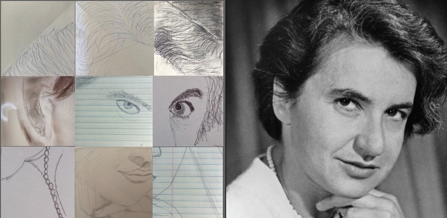 Women in a Zoom discussion were each issued one-ninth of a photo of scientist Rosalind Franklin and asked to draw just that portion. The parts were then reassembled to form a collaborative art project.